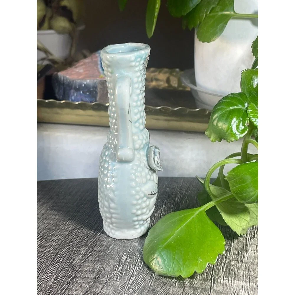 Vtg Yoko Boeki Japan Blue Lusterware Bud Vase - Applied Rose Hobnail Clover Mark